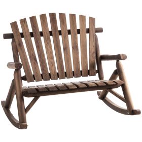 Outdoor Wooden Rocking Chair, Double-Person Adirondack Rocking Patio Chair with Rustic High Back, Slatted Seat and Backrest for Indoor, Backyard