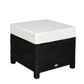 20" Patio Wicker Ottoman, Multipurpose Outdoor PE Rattan Footrest, Additional Seating, Side Table with Soft Cushion, Black, Cream White