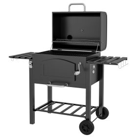 Charcoal BBQ Grill w/ Adjustable Height, Folding Shelves, Thermometer, and Wheels, Black