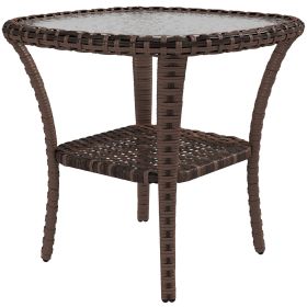 Outdoor Coffee Table with Storage Shelf, Hand-Woven Wicker Side Table with Water-Ripple Glass Top, Mix Brown