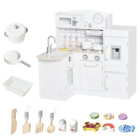 Qaba Toy Kitchen Set with Drinking Fountain,Microwave, Fridge and Accessories, Kids Pretend Play Kitchen Set with Safe Material, White
