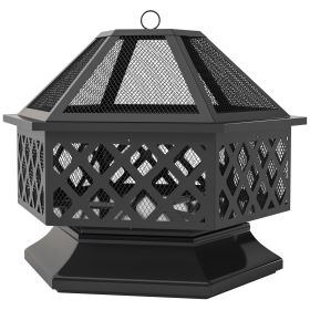 Outsunny 28" Outdoor Fire Pit with Grill Hexagon Fireplace Wood Burning Firepit with Cooking Grate, Fire Poker, Spark Screen Lid