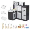 Qaba Kids Pretend Play Kitchen Set | Wooden Cooking Toy with Drinking Fountain, Microwave, Fridge | Black | Accessories Included