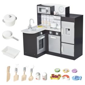 Qaba Kids Pretend Play Kitchen Set | Wooden Cooking Toy with Drinking Fountain, Microwave, Fridge | Black | Accessories Included