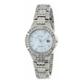 Seiko SUT087 Solar Mother of Pearl Dial Silver Tone Swarovski Crystal Accented Bezel Women's Watch