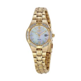Seiko SUT070 Solar Gold Tone Diamonds Accent Mother of Pearl Dial Women's Watch