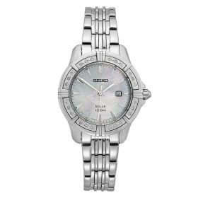 Seiko SUT071 Solar Mother Of Pearl Dial Silver Tone Diamond Accented Bezel Women's Watch