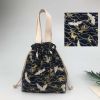 Japanese Style Cute Lunch Box Bento Bag Navy Blue Crane Drawstring Canvas Lunch Bag Large Capacity Lunch Tote Bag