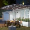 Outsunny 15ft Double-Sided Outdoor Umbrella with Solar Lights, UPF50+ Extra Large Aluminum Patio Umbrella with Crank, Tan