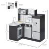 Qaba Kids Pretend Play Kitchen Set | Wooden Cooking Toy with Drinking Fountain, Microwave, Fridge | Black | Accessories Included