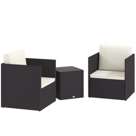 Folding Wicker Bistro Set, 3 Piece Patio Furniture Set with Cushions and Glass Coffee Table for Porch, Balcony, Brown