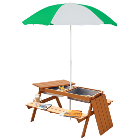 Kids 3 in 1 Sand and Water Table, Wooden Outdoor Convertible Picnic Table with Umbrella and Storage Inside, Bench Backyard Furniture for Garden,
