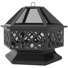 28" Outdoor Fire Pit with Grill Hexagon Fireplace Wood Burning Firepit with Cooking Grate, Fire Poker, Spark Screen Lid