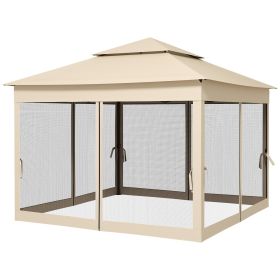 Outdoor Patio Pop Up Canopy Gazebo Shelter with Zipper Netting, Carry Bag, 11' x 11', Beige