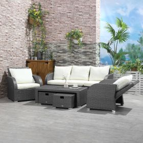 6-Piece Outdoor Rattan Patio Sectional Sofa Set with 3-Seat Couch, 2 Recliners, 2 Ottoman Footrests, & Coffee Table Conversation Set, Cream Whit (Option: Cream White-1140x540x390 mm)