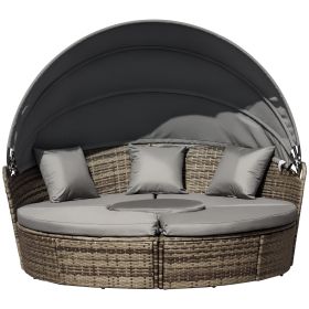 4-Piece Round Convertible Daybed with Cushions, Outdoor PE Rattan Patio Wicker Sofa Set, Sunbed with Adjustable Sun Canopy, Sectional Sofa, 2 Ch (Option: Dark Gray-1170x320x610 mm)