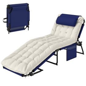 Folding Chaise Lounge Pool Chair with 4-level Reclining Back, Cushion, Side Pocket, Headrest, Navy Blue (Option: Blue-785x175x720 mm)