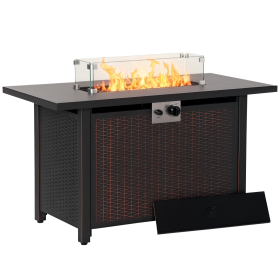 43 Inch Outdoor Propane Gas Fire Pit Table, 50,000 BTU Auto-Ignition Rectangular Wicker-effect Gas Firepit with Glass Wind Guard, Lid, Glass Bea (Option: Bronze-1185x640x270 mm)