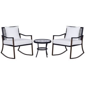 3 Piece Patio Rocking Bistro Set, Outdoor PE Rattan Wicker Rocking Chairs with Cushioned, Pillows, Two-Tier Glass Storage Shelf Coffee Table, Cr (Option: Brown-765x635x415 mm)