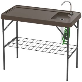 Folding Fish Cleaning Table With Sink, Portable Camping Table With Faucet, Drainage Hose, Sprayer And Shelf, Tan (Color: Tan-1230x680x100 mm)