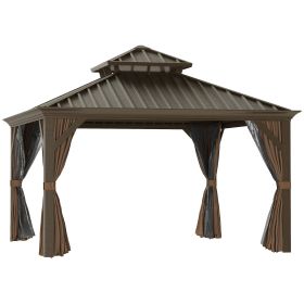 12' x 12' Hardtop Gazebo with Curtains and Netting, Permanent Pavilion Metal Double Roof Gazebo Canopy with Aluminum Frame and Hooks, for Garden (Option: Coffee-1665x1000x95 mm)