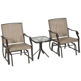 3 Piece Outdoor Glider Chair with Coffee Table Bistro Set, 2 Patio Rocking Swing Chairs with Breathable Sling Fabric, Glass Tabletop, for Backya (Option: Brown-1170x645x215 mm)