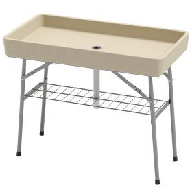 Outsunny 3.4ft Folding Ice Cooler Table with Drain, Fill and Chill Table Outdoor Table Cooler with Storage Shelf (Color: Tan)