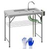 Outsunny Folding Fish Cleaning Table with Sinks, Portable Camping Sink Table with Faucet, Drainage Hose, Sprayer, Shelf, Drawer and Storage Basket