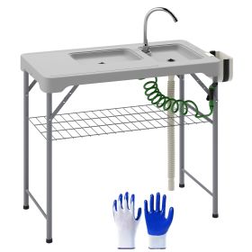 Outsunny Folding Fish Cleaning Table with Sinks, Portable Camping Sink Table with Faucet, Drainage Hose, Sprayer, Shelf, Drawer and Storage Basket (Color: Gray)