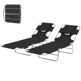 2 Tanning Chairs with Face Hole, 5-Level Adjustable Outdoor Chaise Lounge Chair with Pillow for Beach, Pool, Black (Option: Black-730x230x580 mm)