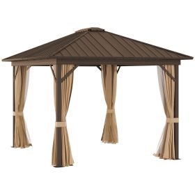 10' x 12' Hardtop Gazebo with Curtains and Netting, Permanent Pavilion Metal Single Roof Gazebo Canopy with Aluminum Frame and Hooks, for Garden (Option: Brown-2230x380x280 mm)