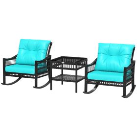 3 Piece Outdoor PE Rattan Rocker Chair Set, Rocking Chair with Tempered Glass Table Top, Turquoise Green (Option: Turquoise-670x580x460 mm)