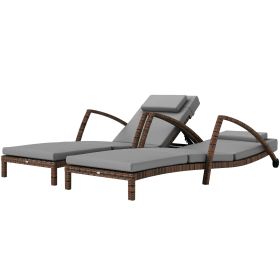 Set of 2 Wicker Chaise Lounge Chair Outdoor Patio Lounger with 5 Adjustable Back, Wheels, Cushion, and Armrests, Gray (Option: Gray-1040x650x310 mm)