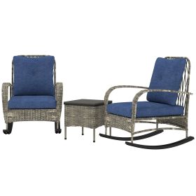 3 Piece Wicker Patio Furniture Set, Outdoor PE Rattan Rocking Chairs with Coffee Table, Cushions for Porch, Gray (Option: Gray-870x670x530 mm)