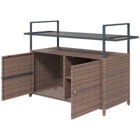 2-Tier Shelf PE Rattan Outdoor Bar Table, Glass Top Outdoor Serving Cart with Cabinet, Mixed Brown (Option: Mixed Brown-1030x230x530 mm)